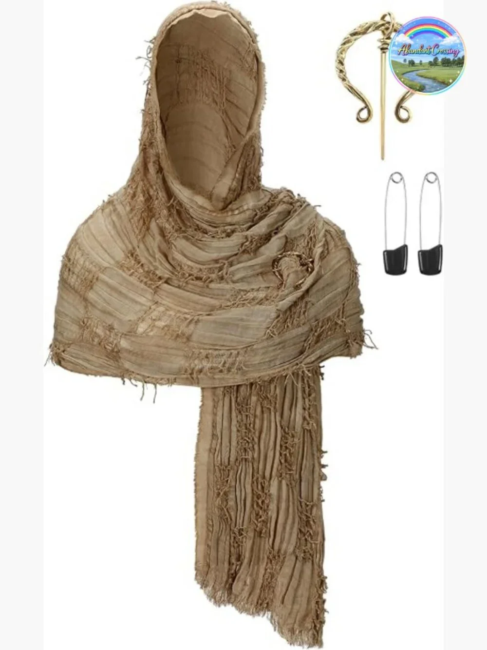 Medieval Scarf Cowl with Viking Brooch, Wrap Shawl Renaissance Costume Hooded